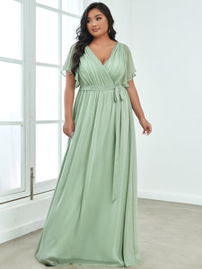 Color=Mint Green | A Line Plus Size Wholesale Bridesmaid Dresses with Deep V Neck Ruffles Sleeves-Mint Green 4