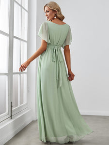 Color=Mint Green | A Line Wholesale Bridesmaid Dresses with Deep V Neck Ruffles Sleeves-Mint Green 2