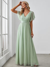 Load image into Gallery viewer, Color=Mint Green | A Line Wholesale Bridesmaid Dresses with Deep V Neck Ruffles Sleeves-Mint Green 3