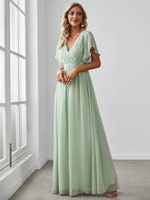 Load image into Gallery viewer, Color=Mint Green | A Line Wholesale Bridesmaid Dresses with Deep V Neck Ruffles Sleeves-Mint Green 4