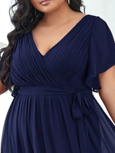 Load image into Gallery viewer, Color=Navy Blue | A Line Plus Size Wholesale Bridesmaid Dresses with Deep V Neck Ruffles Sleeves-Navy Blue 5