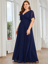Load image into Gallery viewer, Color=Navy Blue | A Line Plus Size Wholesale Bridesmaid Dresses with Deep V Neck Ruffles Sleeves-Navy Blue 1