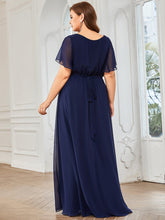 Load image into Gallery viewer, Color=Navy Blue | A Line Plus Size Wholesale Bridesmaid Dresses with Deep V Neck Ruffles Sleeves-Navy Blue 2