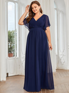 Color=Navy Blue | A Line Plus Size Wholesale Bridesmaid Dresses with Deep V Neck Ruffles Sleeves-Navy Blue 3