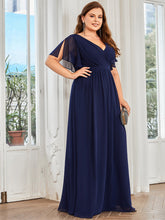 Load image into Gallery viewer, Color=Navy Blue | A Line Plus Size Wholesale Bridesmaid Dresses with Deep V Neck Ruffles Sleeves-Navy Blue 4