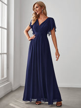 Load image into Gallery viewer, Color=Navy Blue | A Line Wholesale Bridesmaid Dresses with Deep V Neck Ruffles Sleeves-Navy Blue 3