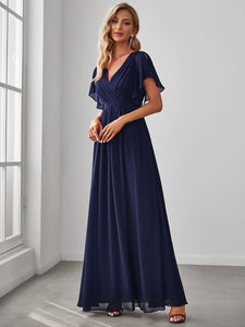 Color=Navy Blue | A Line Wholesale Bridesmaid Dresses with Deep V Neck Ruffles Sleeves-Navy Blue 4