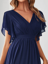 Load image into Gallery viewer, Color=Navy Blue | A Line Wholesale Bridesmaid Dresses with Deep V Neck Ruffles Sleeves-Navy Blue 5