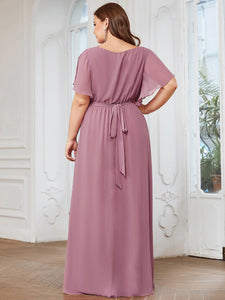 Color=Orchid | A Line Plus Size Wholesale Bridesmaid Dresses with Deep V Neck Ruffles Sleeves-Orchid 2