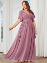 Load image into Gallery viewer, Color=Orchid | A Line Plus Size Wholesale Bridesmaid Dresses with Deep V Neck Ruffles Sleeves-Orchid 3