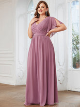 Load image into Gallery viewer, Color=Orchid | A Line Plus Size Wholesale Bridesmaid Dresses with Deep V Neck Ruffles Sleeves-Orchid 4