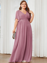 Load image into Gallery viewer, Color=Orchid | A Line Plus Size Wholesale Bridesmaid Dresses with Deep V Neck Ruffles Sleeves-Orchid 5