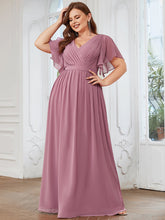 Load image into Gallery viewer, Color=Orchid | A Line Plus Size Wholesale Bridesmaid Dresses with Deep V Neck Ruffles Sleeves-Orchid 1