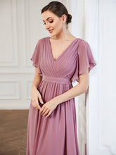 Load image into Gallery viewer, Color=Orchid | A Line Wholesale Bridesmaid Dresses with Deep V Neck Ruffles Sleeves-Orchid 5
