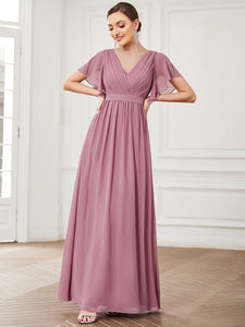 Color=Orchid | A Line Wholesale Bridesmaid Dresses with Deep V Neck Ruffles Sleeves-Orchid 1