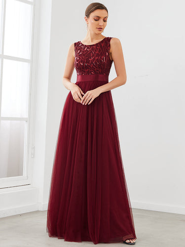 Color=Burgundy | Sleeveless A Line Wholesale Bridesmaid Dresses with Round Neck-Burgundy 1