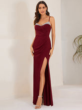 Load image into Gallery viewer, Color=Burgundy | Spaghetti Straps Side Split Shiny Wholeslae Evening Dresses-Burgundy 3