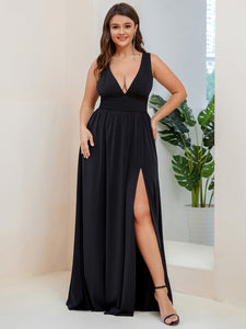 Color=Black | Sleeveless Wholesale Bridesmaid Dresses with Deep V Neck and A Line-Black 1