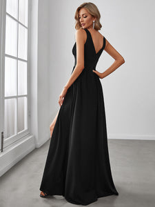 Color=Black | Sleeveless Wholesale Bridesmaid Dresses with Deep V Neck and A Line-Black 2