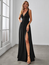 Load image into Gallery viewer, Color=Black | Sleeveless Wholesale Bridesmaid Dresses with Deep V Neck and A Line-Black 4