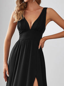Color=Black | Sleeveless Wholesale Bridesmaid Dresses with Deep V Neck and A Line-Black 5
