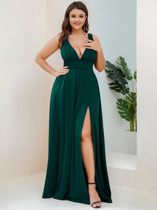 Color=Dark Green | Sleeveless Wholesale Bridesmaid Dresses with Deep V Neck and A Line-Dark Green 1