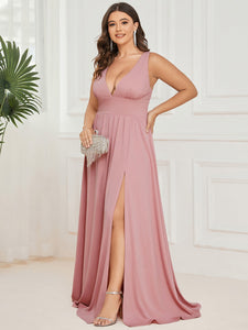 Color=Dusty Rose | Sleeveless Wholesale Bridesmaid Dresses with Deep V Neck and A Line-Dusty Rose 1