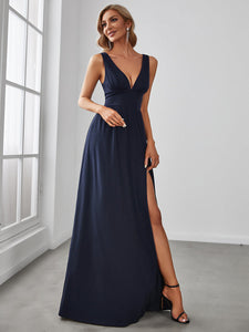 Color=Navy Blue | Sleeveless Wholesale Bridesmaid Dresses with Deep V Neck and A Line-Navy Blue 3
