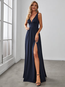 Color=Navy Blue | Sleeveless Wholesale Bridesmaid Dresses with Deep V Neck and A Line-Navy Blue 1