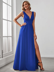 Color=Sapphire Blue | Sleeveless Wholesale Bridesmaid Dresses with Deep V Neck and A Line-Sapphire Blue 1