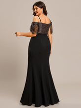 Load image into Gallery viewer, Color=Black | Plus Off Shoulder Tassel Sequin Mermaid Wholeslae Evening Dresses-Black 2
