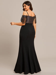 Color=Black | Plus Off Shoulder Tassel Sequin Mermaid Wholeslae Evening Dresses-Black 2