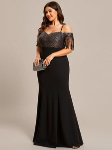 Color=Black | Plus Off Shoulder Tassel Sequin Mermaid Wholeslae Evening Dresses-Black 3
