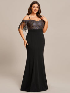 Color=Black | Plus Off Shoulder Tassel Sequin Mermaid Wholeslae Evening Dresses-Black 4