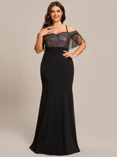 Load image into Gallery viewer, Color=Black | Plus Off Shoulder Tassel Sequin Mermaid Wholeslae Evening Dresses-Black 1