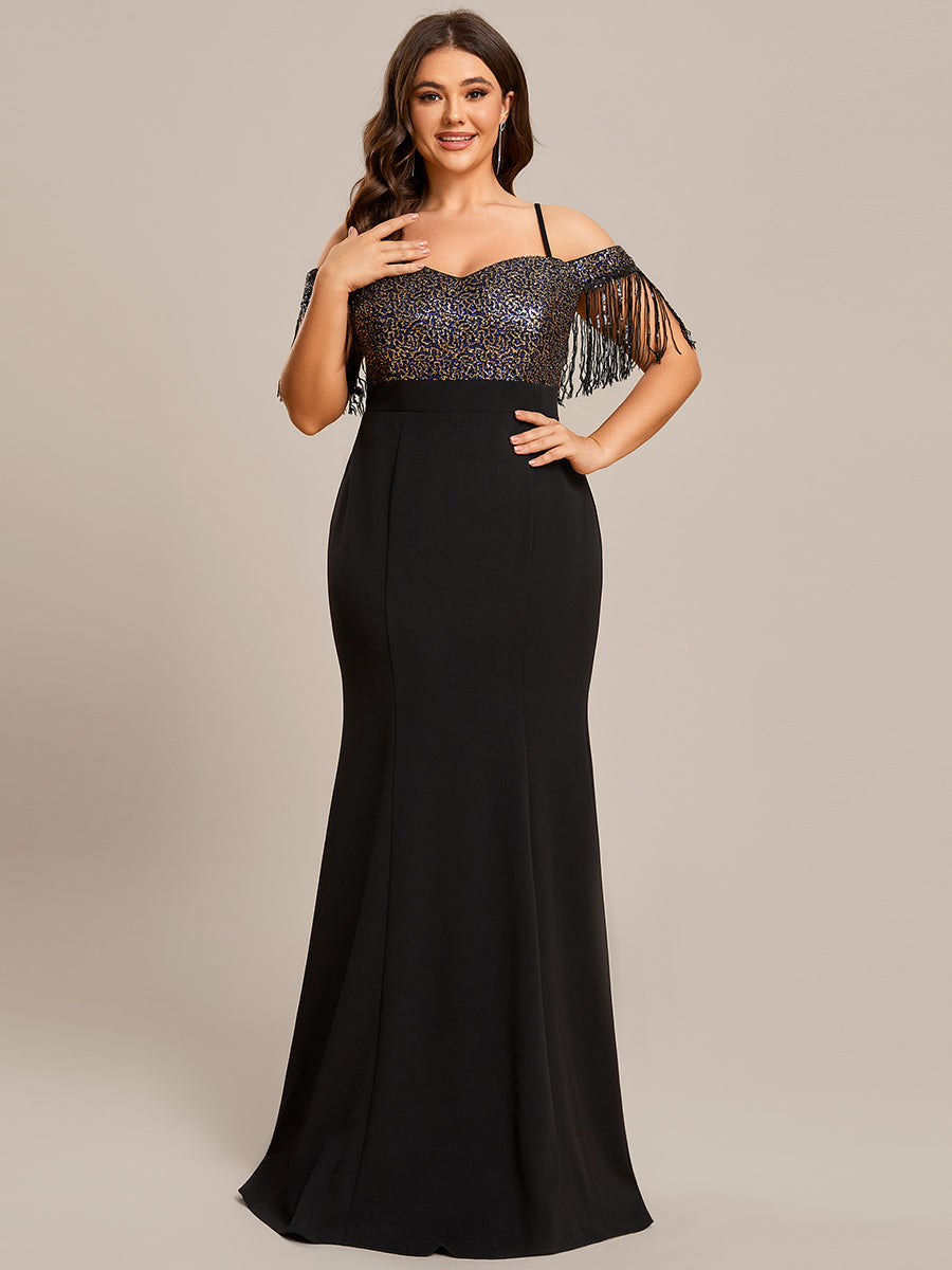 Color=Black | Plus Off Shoulder Tassel Sequin Mermaid Wholeslae Evening Dresses-Black 1
