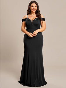 Color=Black | Off Shoulder Mermaid Sequin Detail Wholesale Evening Dresses-Black 4