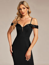Load image into Gallery viewer, Color=Black | Off Shoulder Mermaid Sequin Detail Wholesale Evening Dresses-Black 5