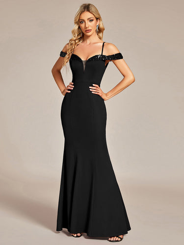 Color=Black | Off Shoulder Mermaid Sequin Detail Wholesale Evening Dresses-Black 1
