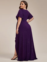 Load image into Gallery viewer, Color=Dark Purple |Plus Tea Length Split Shiny Wholesale Evening Dresses With Ruffle Sleeves-Dark Purple 3
