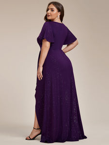 Color=Dark Purple |Plus Tea Length Split Shiny Wholesale Evening Dresses With Ruffle Sleeves-Dark Purple 3
