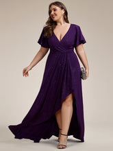 Load image into Gallery viewer, Color=Dark Purple |Plus Tea Length Split Shiny Wholesale Evening Dresses With Ruffle Sleeves-Dark Purple 5
