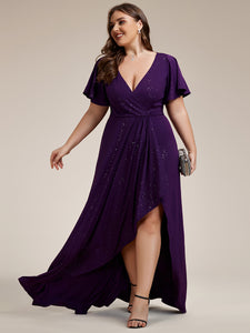 Color=Dark Purple |Plus Tea Length Split Shiny Wholesale Evening Dresses With Ruffle Sleeves-Dark Purple 5