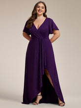 Load image into Gallery viewer, Color=Dark Purple |Plus Tea Length Split Shiny Wholesale Evening Dresses With Ruffle Sleeves-Dark Purple 1