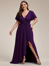 Load image into Gallery viewer, Color=Dark Purple |Plus Tea Length Split Shiny Wholesale Evening Dresses With Ruffle Sleeves-Dark Purple 4