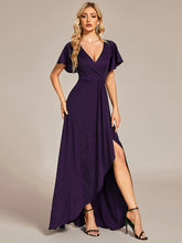 Load image into Gallery viewer, Color=Dark Purple | Tea Length Split Shiny Wholesale Evening Dresses With Ruffle Sleeves-Dark Purple 2