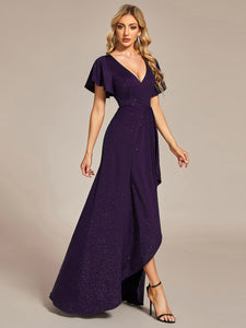 Color=Dark Purple | Tea Length Split Shiny Wholesale Evening Dresses With Ruffle Sleeves-Dark Purple 5
