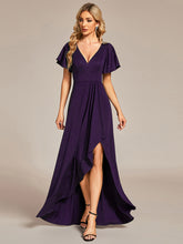 Load image into Gallery viewer, Color=Dark Purple | Tea Length Split Shiny Wholesale Evening Dresses With Ruffle Sleeves-Dark Purple 1