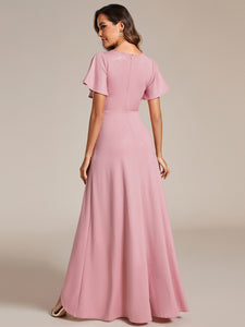 Color=Dusty Rose | Tea Length Split Shiny Wholesale Evening Dresses With Ruffle Sleeves-Dusty Rose 2
