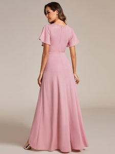 Color=Dusty Rose | Tea Length Split Shiny Wholesale Evening Dresses With Ruffle Sleeves-Dusty Rose 4